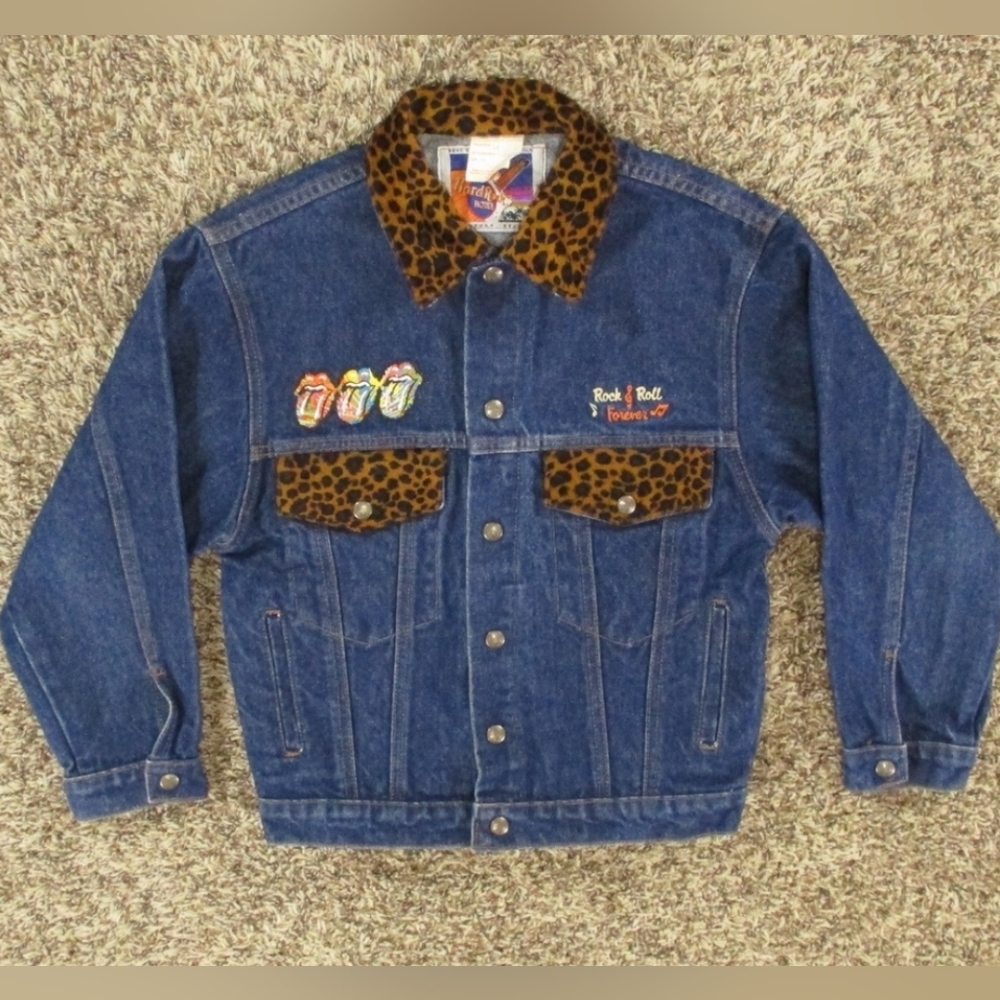 Hard Rock Hotel Denim Jean Jacket Cheetah Fur Accents C: 34", L: 21.5: S: 18.5"
